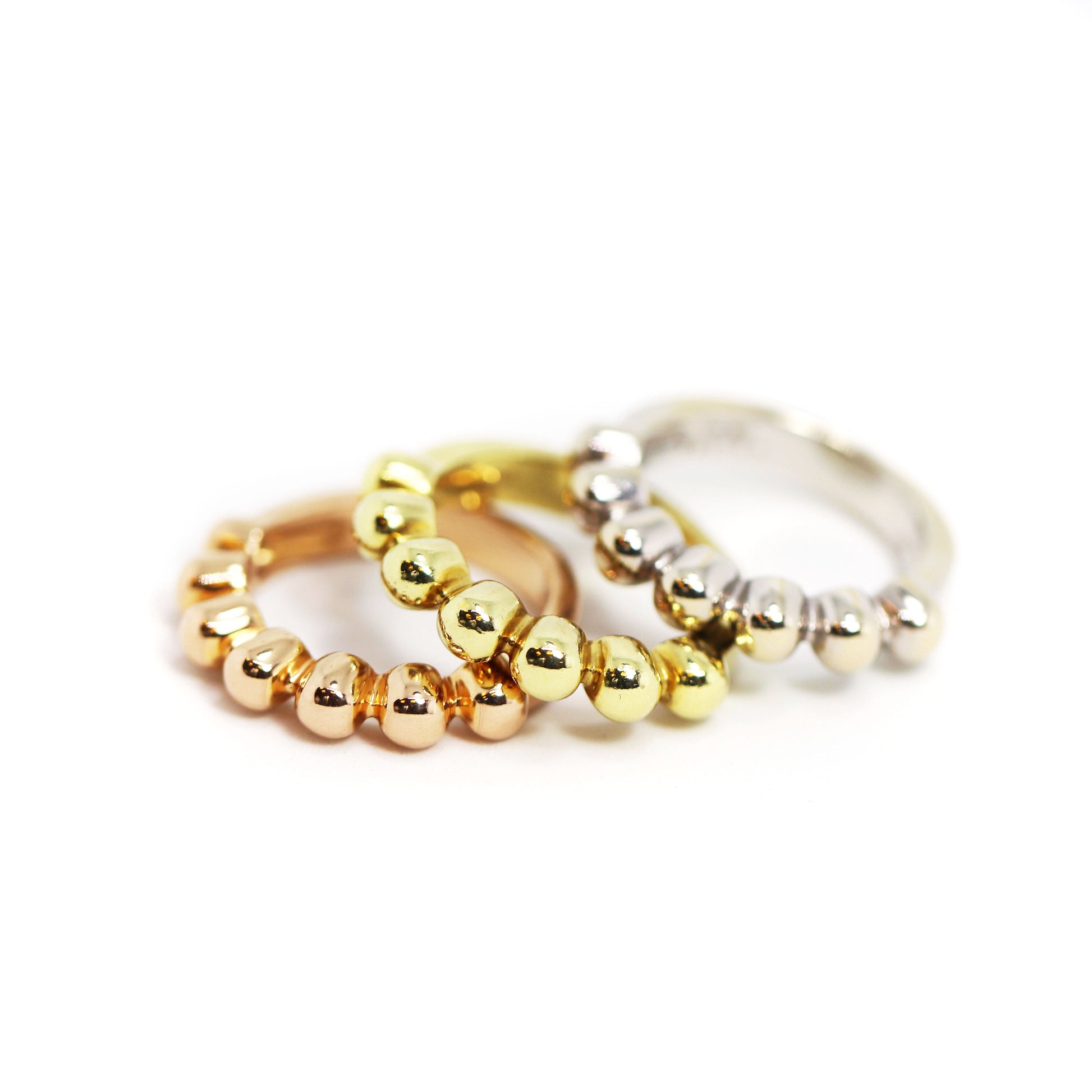 18 Carat White, Yellow and Rose Gold Stackable Bubble Rings - Tobi Gem Setting