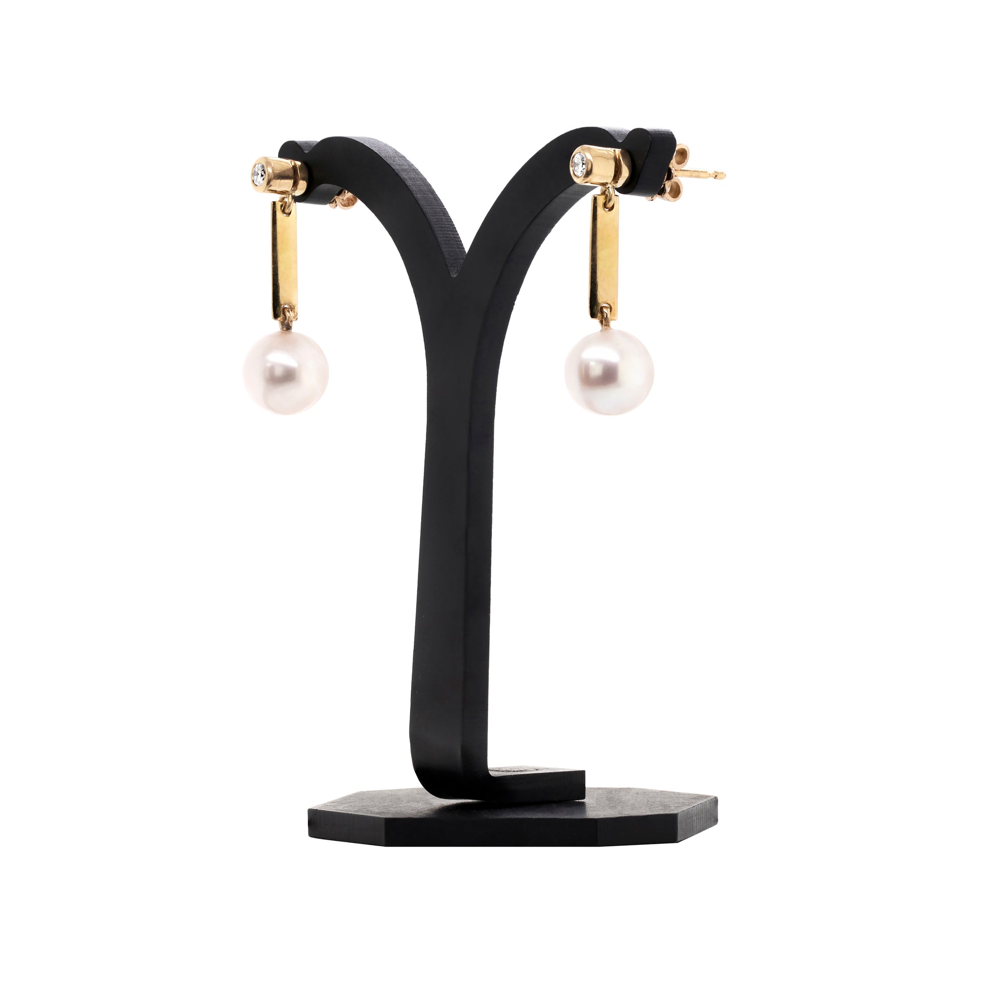 Freshwater Pearl and Diamond 18 Carat Yellow Gold Drop Earrings on a stand rear detail