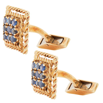 Vintage Ben Rosenfeld Blue Sapphire Square Cufflinks & Studs Set in 18K Gold