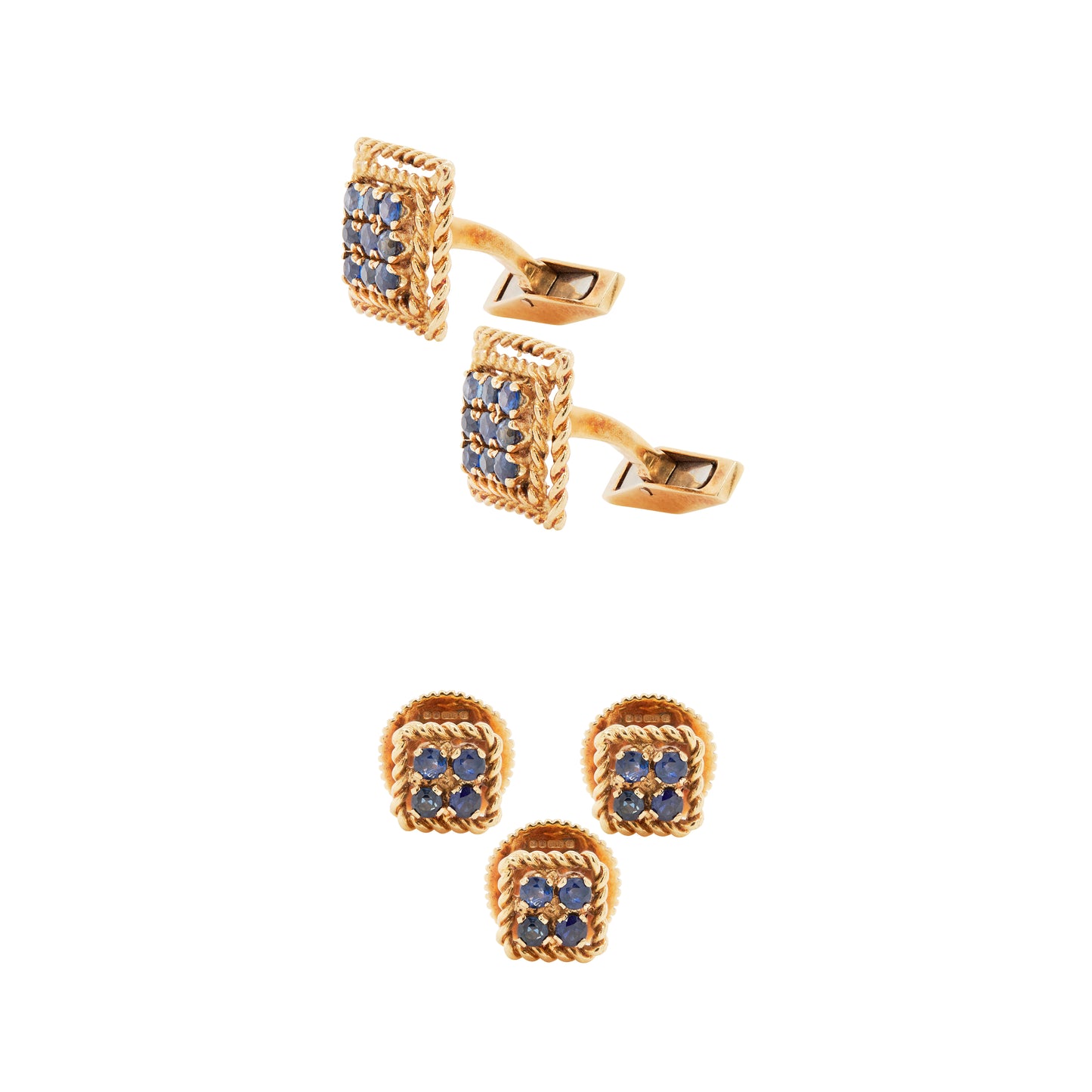 Vintage Ben Rosenfeld Blue Sapphire Square Cufflinks & Studs Set in 18K Gold