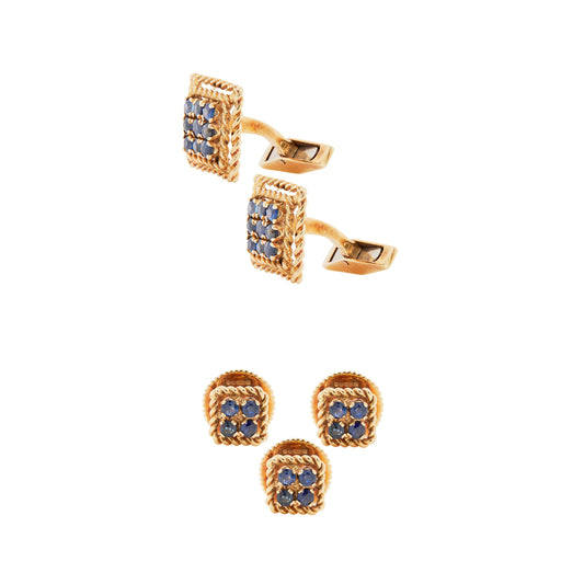 Vintage Ben Rosenfeld Blue Sapphire Square Cufflinks & Studs Set in 18K Gold