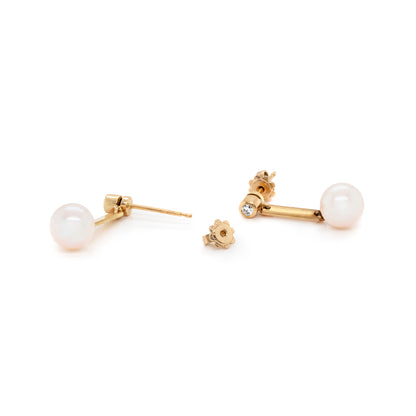 Freshwater Pearl and Diamond 18 Carat Yellow Gold Drop Earrings