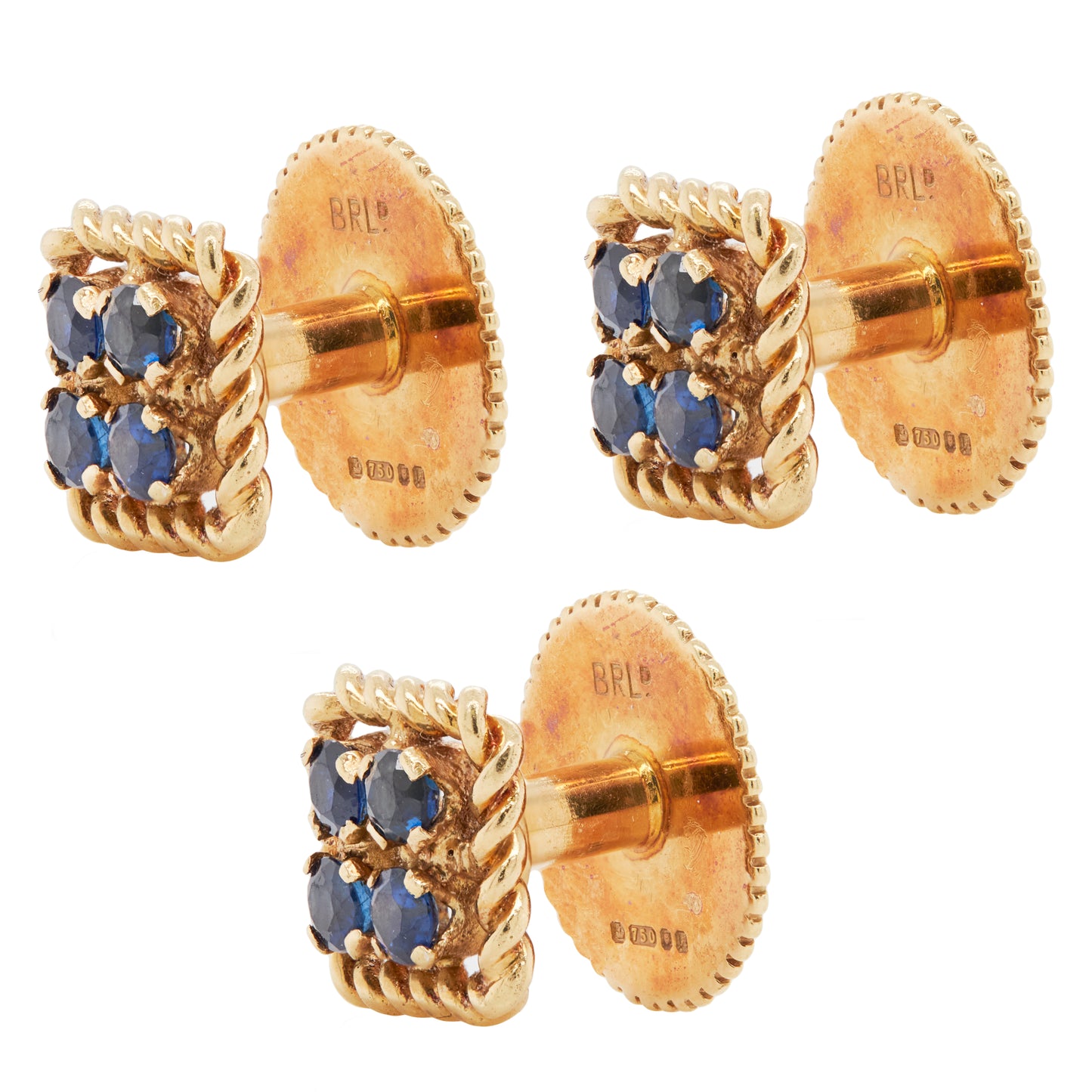 Vintage Ben Rosenfeld Blue Sapphire Square Cufflinks & Studs Set in 18K Gold