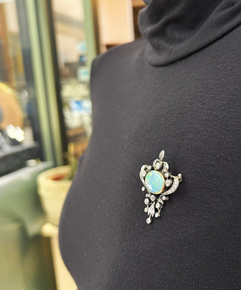 Antique Black Opal and Old Mine Cut Diamond Silver on Gold Brooch, circa 1880