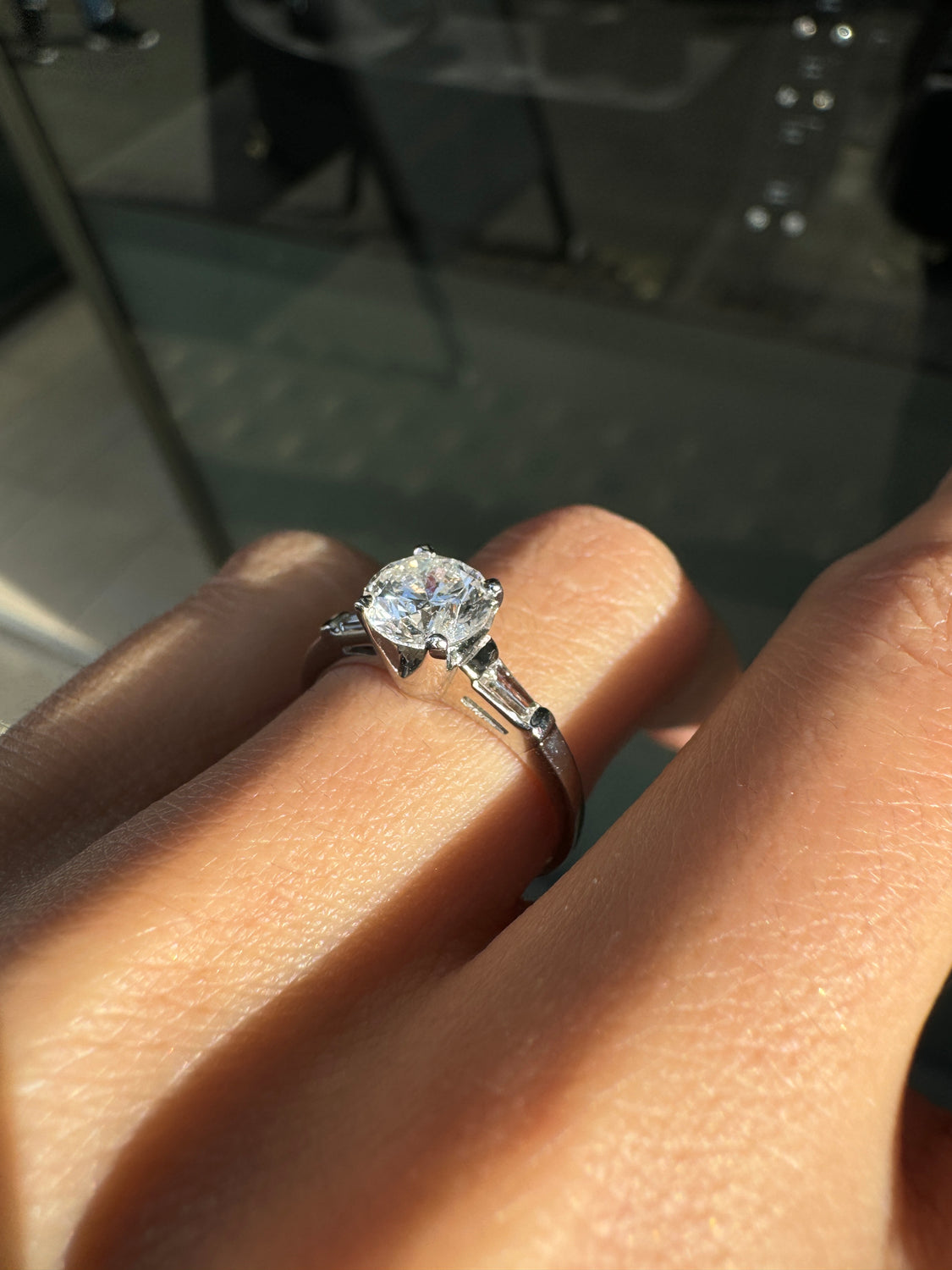 1.04 Carat Diamond and Platinum Three Stone Engagement Ring