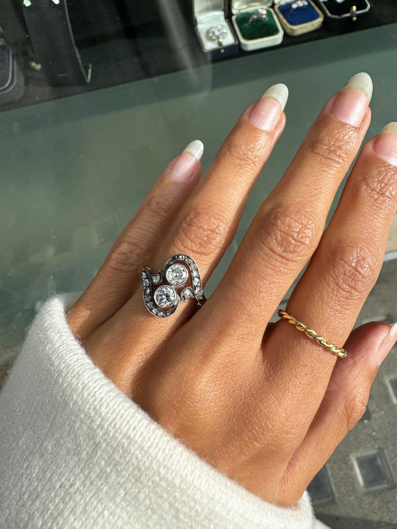 Edwardian Old Cut Diamond Toi Et Moi Crossover Ring in Silver on 18 Carat Gold