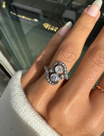 Edwardian Old Cut Diamond Toi Et Moi Crossover Ring in Silver on 18 Carat Gold