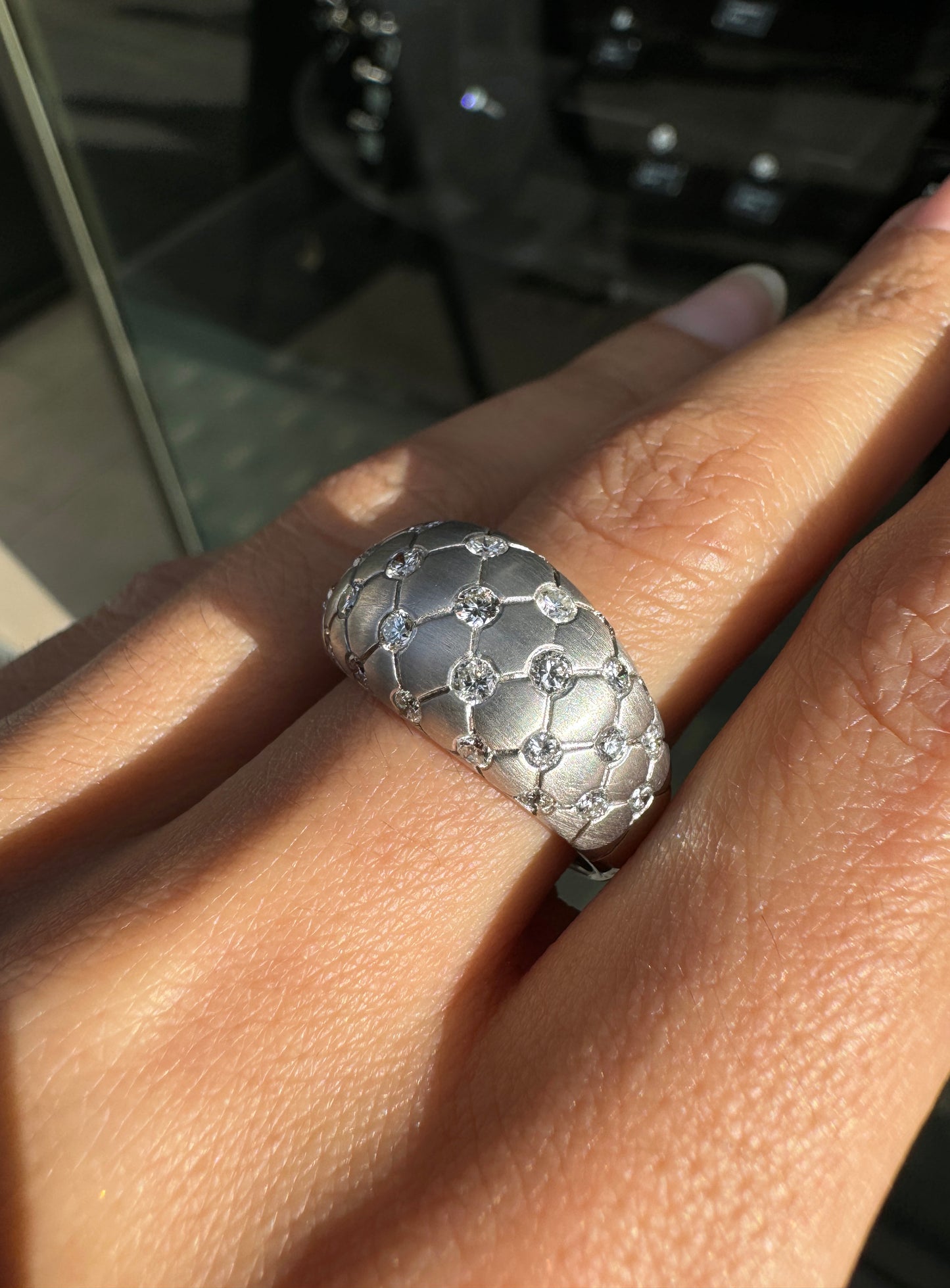 Diamond and Brushed 18 Carat White Gold Quilted Tapered Dome Ring