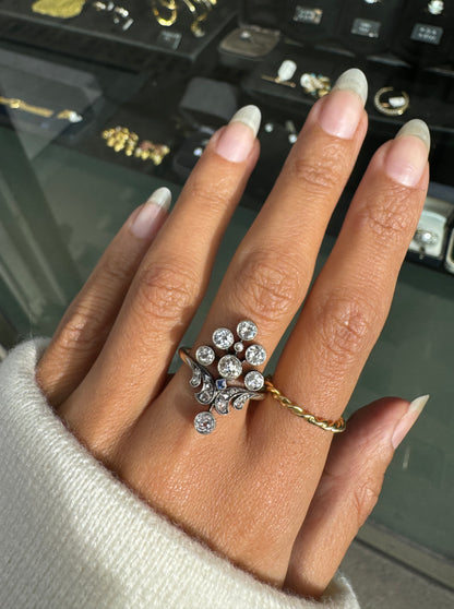 Edwardian Old Cut Diamond & Sapphire Silver on 18K Gold Cluster Cocktail Ring