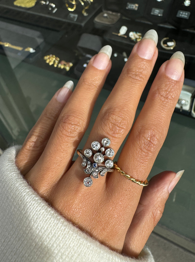 Edwardian Old Cut Diamond & Sapphire Silver on 18K Gold Cluster Cocktail Ring