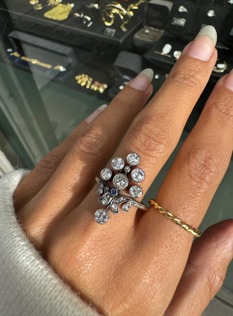 Edwardian Old Cut Diamond & Sapphire Silver on 18K Gold Cluster Cocktail Ring