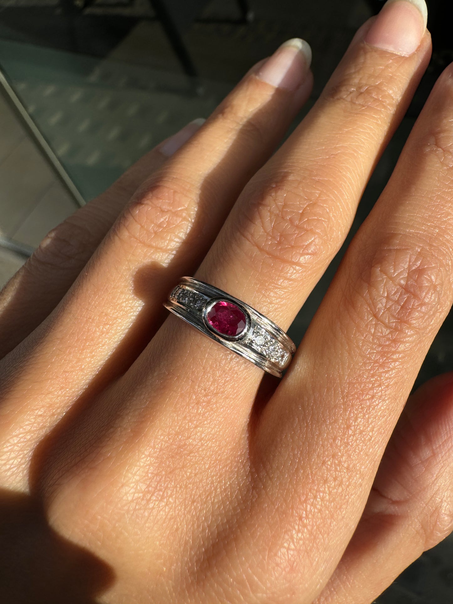 0.35ct Oval Ruby and Diamond 18 Carat White Gold Band Dress Ring