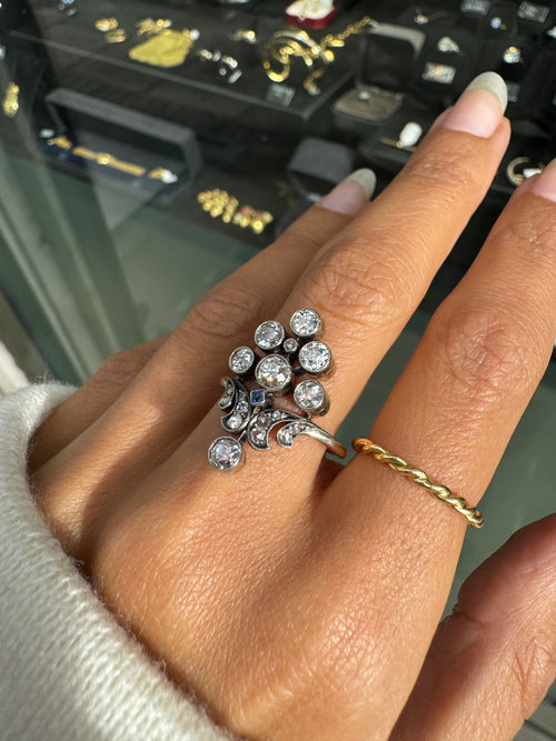 Edwardian Old Cut Diamond & Sapphire Silver on 18K Gold Cluster Cocktail Ring