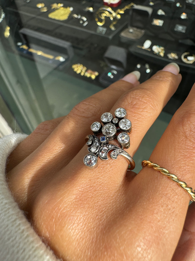 Edwardian Old Cut Diamond & Sapphire Silver on 18K Gold Cluster Cocktail Ring