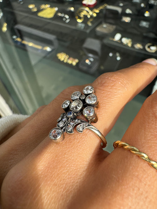 Edwardian Old Cut Diamond & Sapphire Silver on 18K Gold Cluster Cocktail Ring