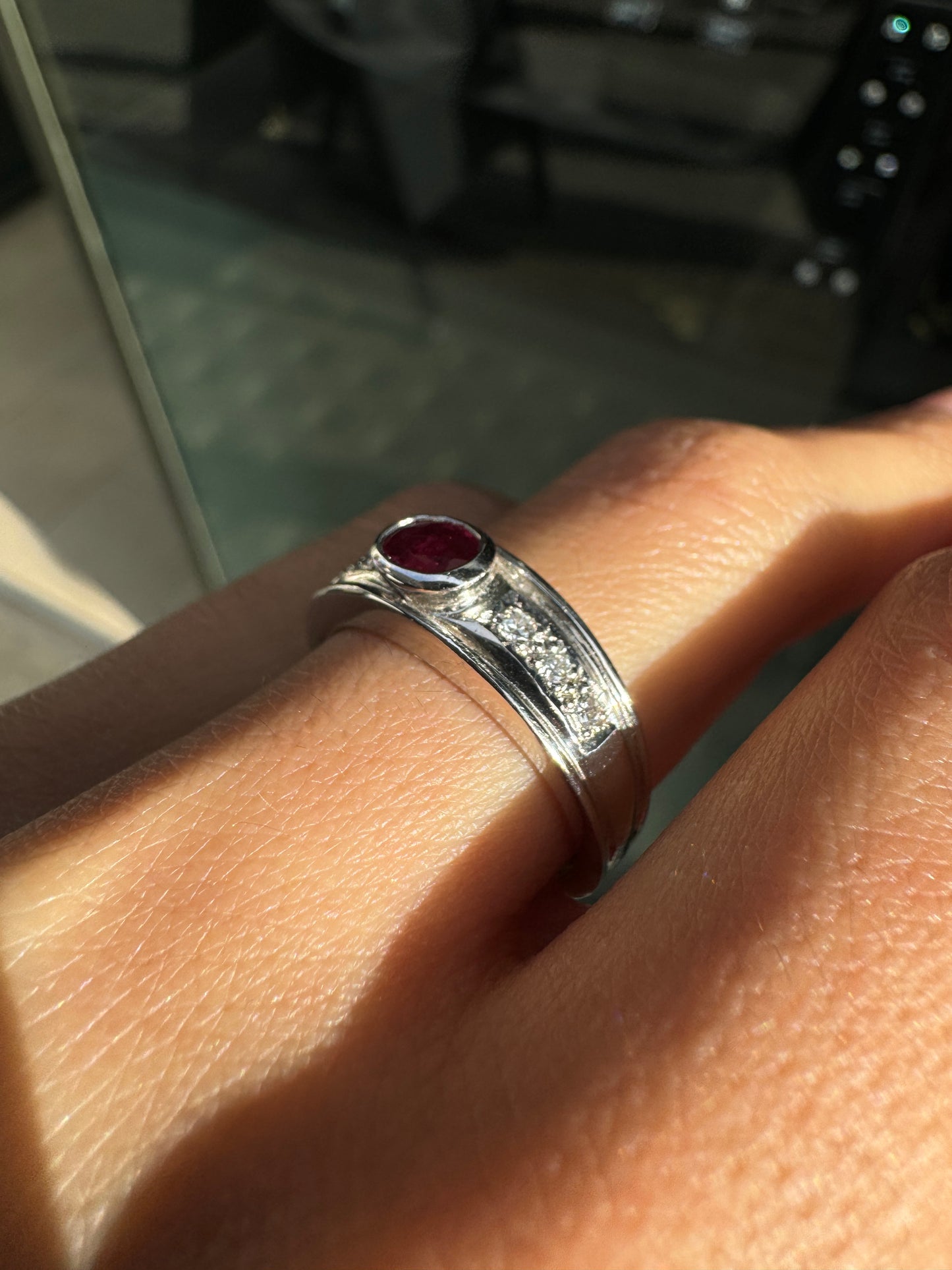 0.35ct Oval Ruby and Diamond 18 Carat White Gold Band Dress Ring