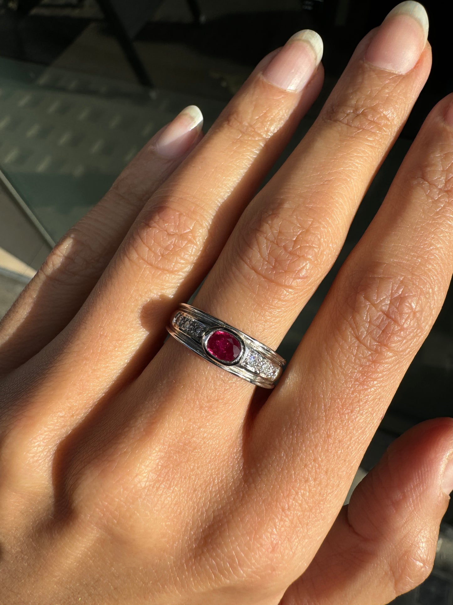 0.35ct Oval Ruby and Diamond 18 Carat White Gold Band Dress Ring