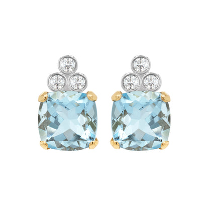 4.04 Carat Cushion Shape Aquamarine and Diamond 18ct Gold Stud Earrings