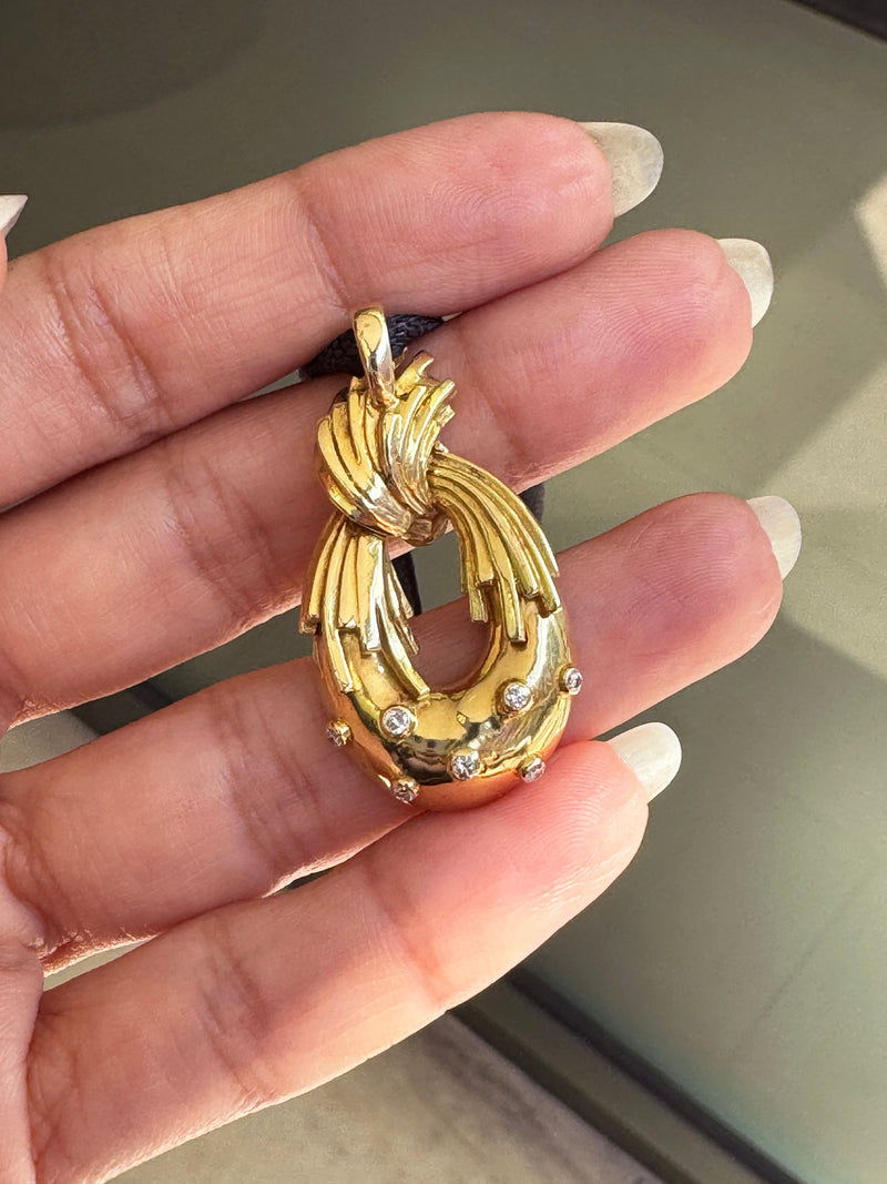 Ben Rosenfeld Diamond and 18 Carat Yellow Gold Open Work Stylised Oval Pendant