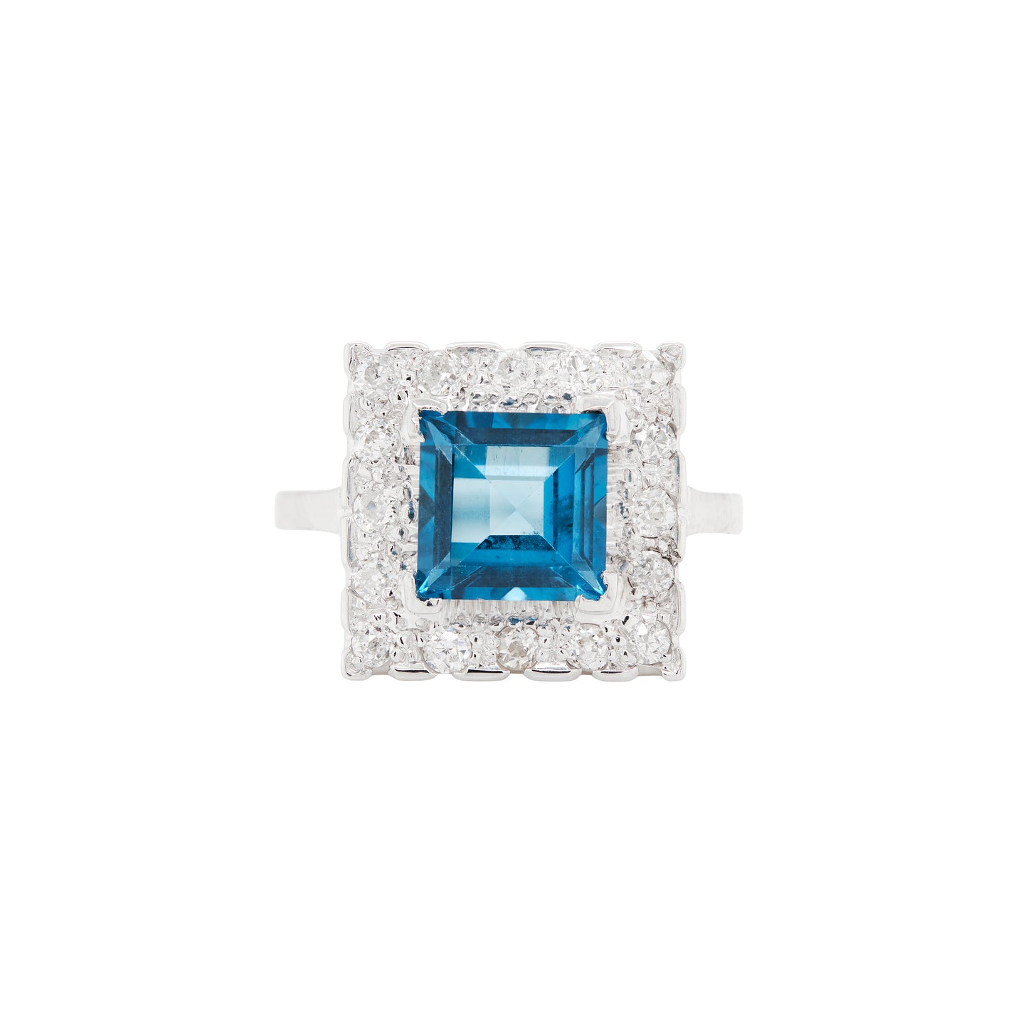 Blue Topaz and Diamond Halo Square Shape Cluster Dress Ring in 18K White Gold