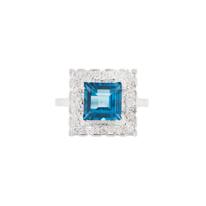Blue Topaz and Diamond Halo Square Shape Cluster Dress Ring in 18K White Gold