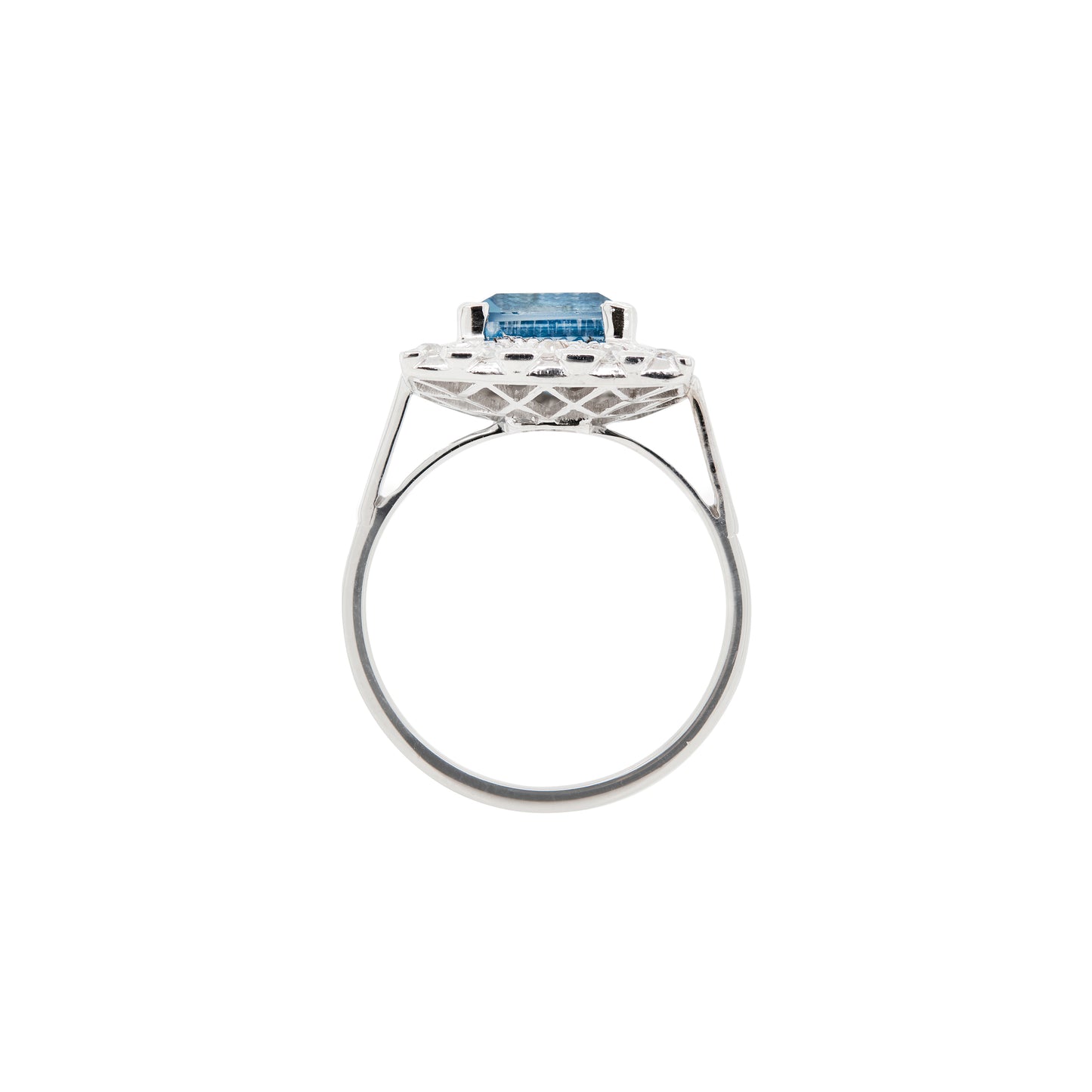 Blue Topaz and Diamond Halo Square Shape Cluster Dress Ring in 18K White Gold