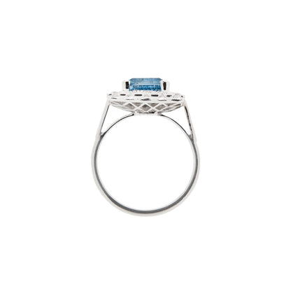 Blue Topaz and Diamond Halo Square Shape Cluster Dress Ring in 18K White Gold