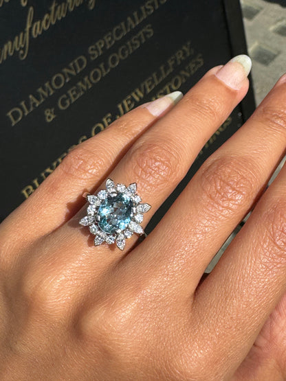 2.61ct Aquamarine and Diamond 18 Carat White Gold Cluster Engagement Ring