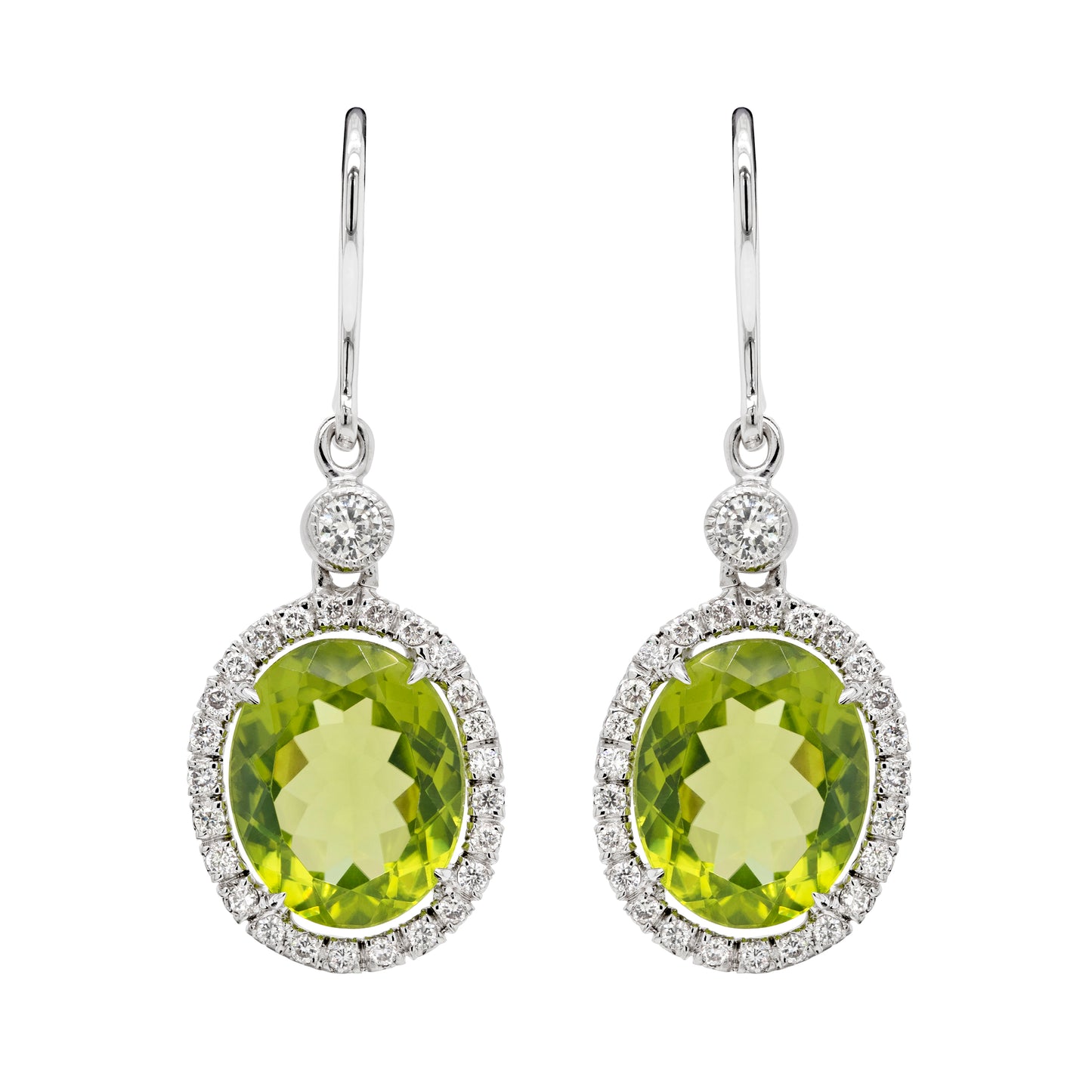 Oval Peridot and Diamond 18 Carat White Gold Drop Earring