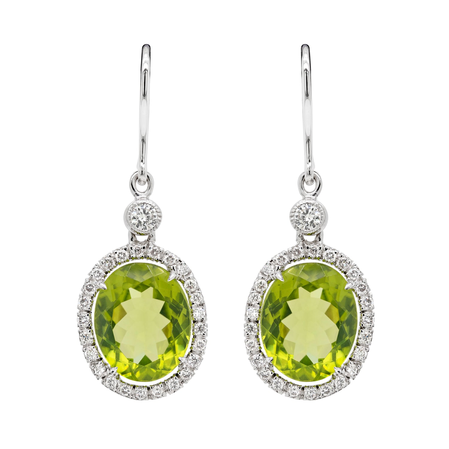 Oval Peridot and Diamond 18 Carat White Gold Drop Earring