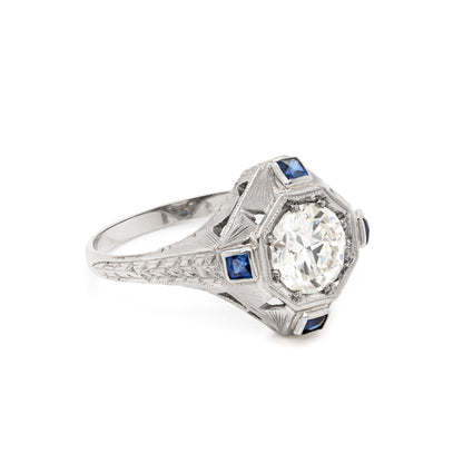1.14 Carat Diamond 18 Carat White Gold Deco Target Engagement Ring, Circa 1930's