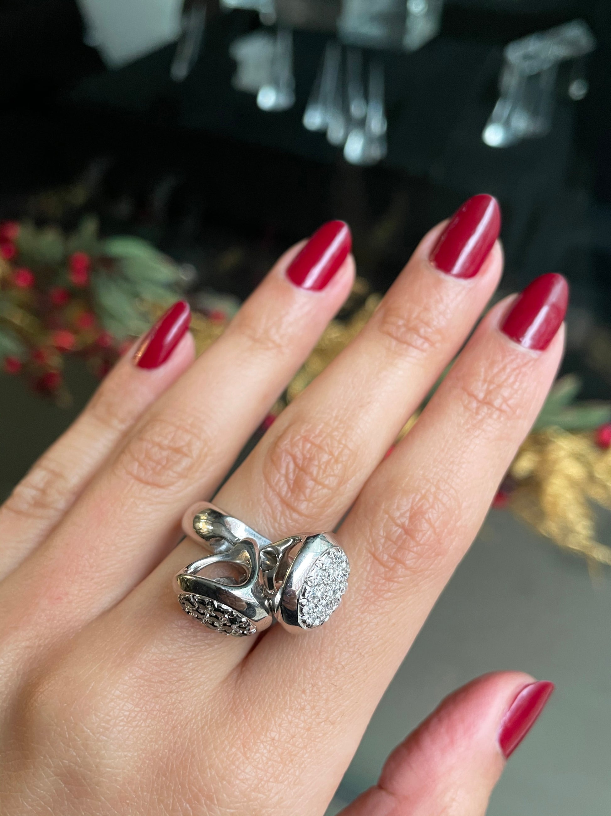 Black and White Diamond 18 Carat White Gold Dangling Charms Cocktail Ring - Tobi Gem Setting