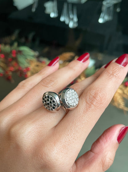 Black and White Diamond 18 Carat White Gold Dangling Charms Cocktail Ring - Tobi Gem Setting