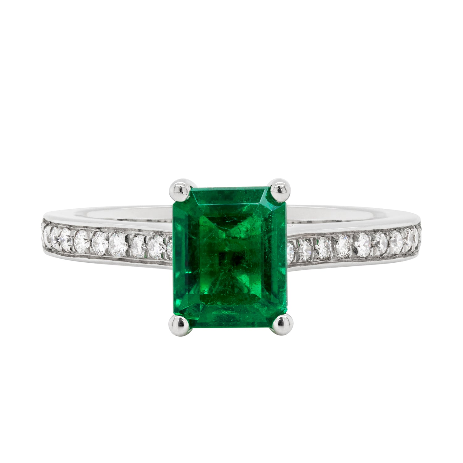 1.36 Carat Emerald Cut Emerald and Diamond Platinum Engagement Ring