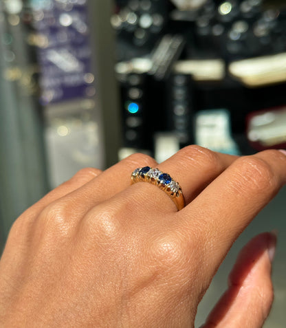 Antique Blue Sapphire and Old Cut Diamond 18ct Yellow Gold Five-Stone Ring