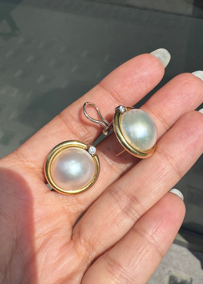 Vintage Mabe Pearl & Diamond 18 Carat Yellow Gold Lever-Back Earrings, c.1980s
