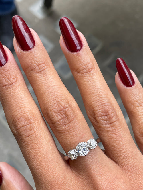 1.56 Carat Victorian Old Cut Diamond Three-Stone Platinum Engagement Ring