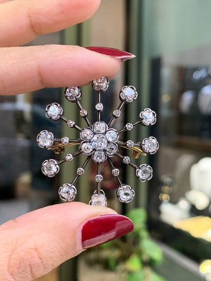 Antique Old Mine Cut Diamond Silver on Gold Brooch and Pendant, Circa 1880