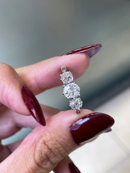 1.56 Carat Victorian Old Cut Diamond Three-Stone Platinum Engagement Ring