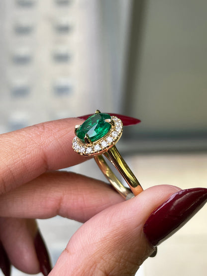 1.85 Carat Emerald and Diamond 18 Carat Yellow Gold Cluster Engagement Ring