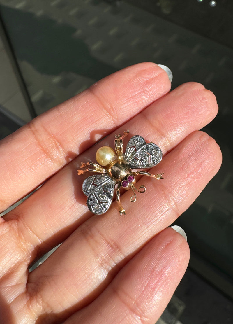 Art Deco Diamond, Ruby and Freshwater Pearl Insect Brooch in 15K Gold, c.1930's