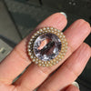 Amethyst and Seed Pearl 15 Carat Yellow Gold Oval Halo Cluster Brooch