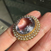 Amethyst and Seed Pearl 15 Carat Yellow Gold Oval Halo Cluster Brooch
