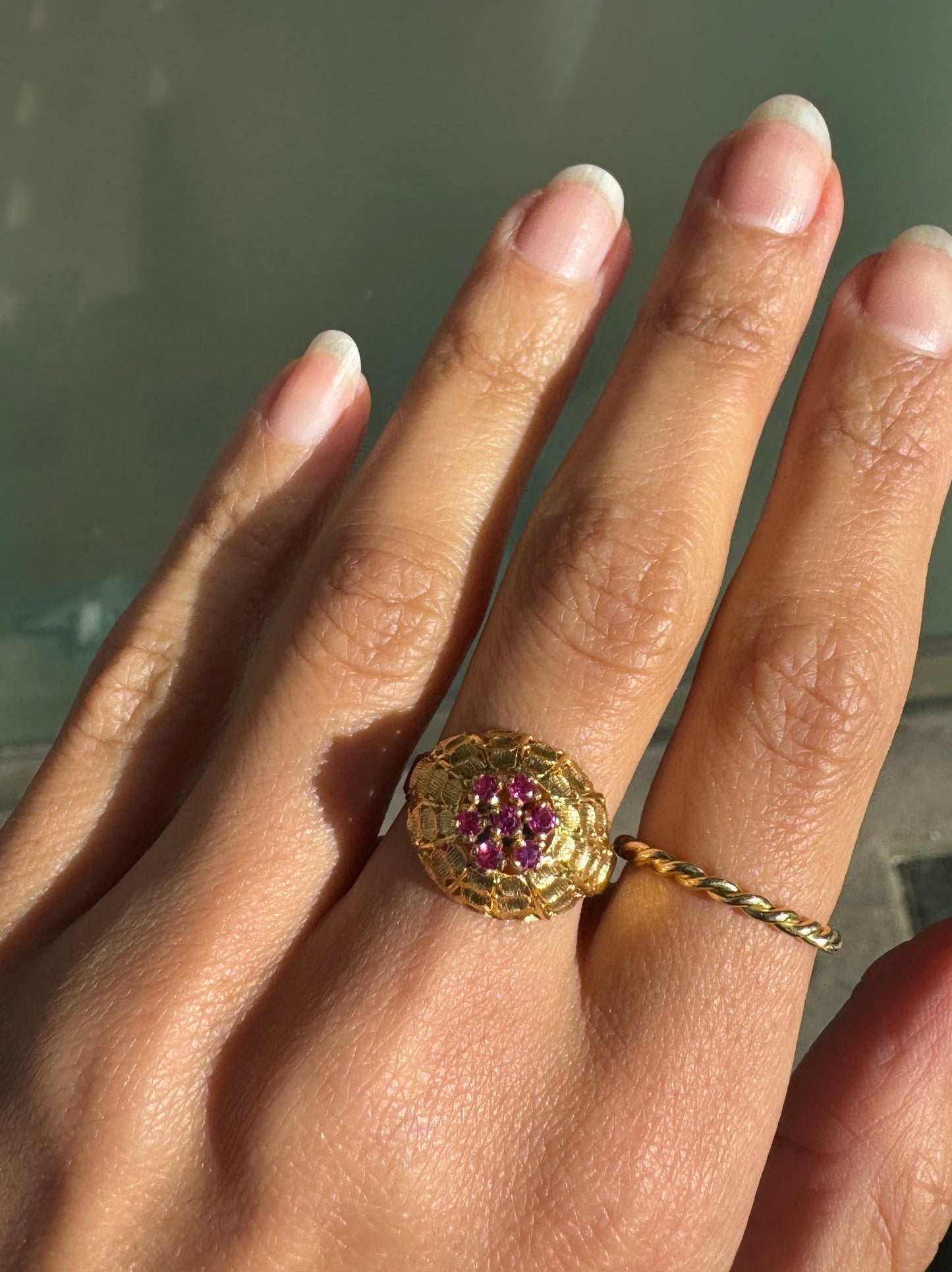 French 18 Carat Yellow Gold & Synthetic Ruby Cluster Open Work Bombé Dress Ring