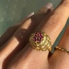 French 18 Carat Yellow Gold & Synthetic Ruby Cluster Open Work Bombé Dress Ring