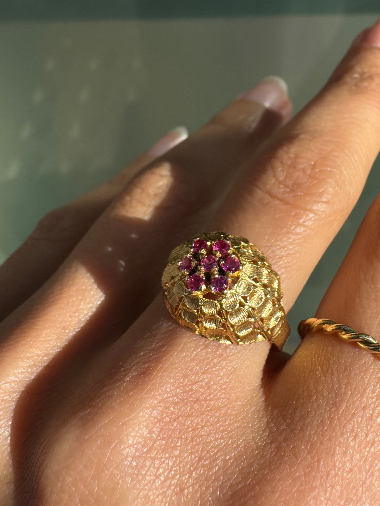 French 18 Carat Yellow Gold & Synthetic Ruby Cluster Open Work Bombé Dress Ring