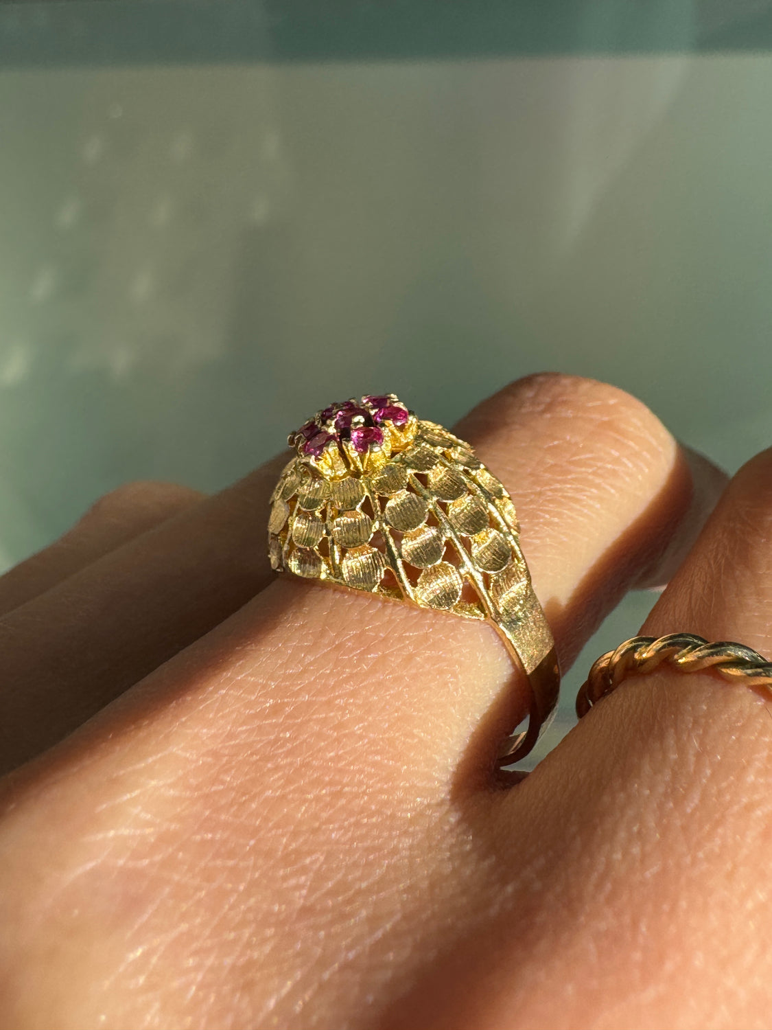 French 18 Carat Yellow Gold & Synthetic Ruby Cluster Open Work Bombé Dress Ring