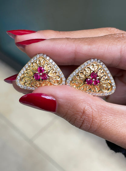 Ruby and Diamond 18 Carat Yellow Gold Triangular Earrings