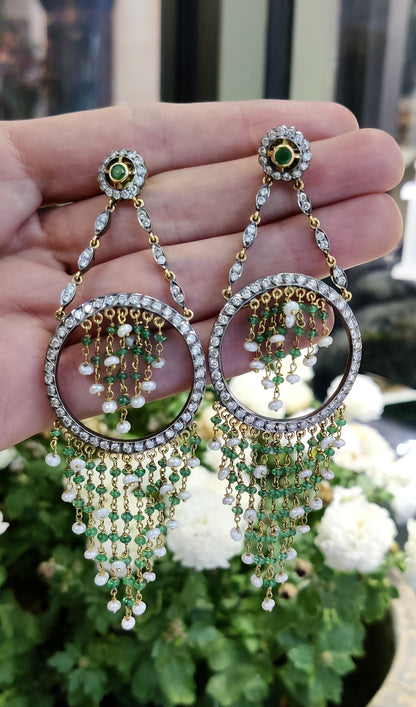 Pearl, Emerald and Diamond 18 Carat Gold Cascade Chandelier Earrings