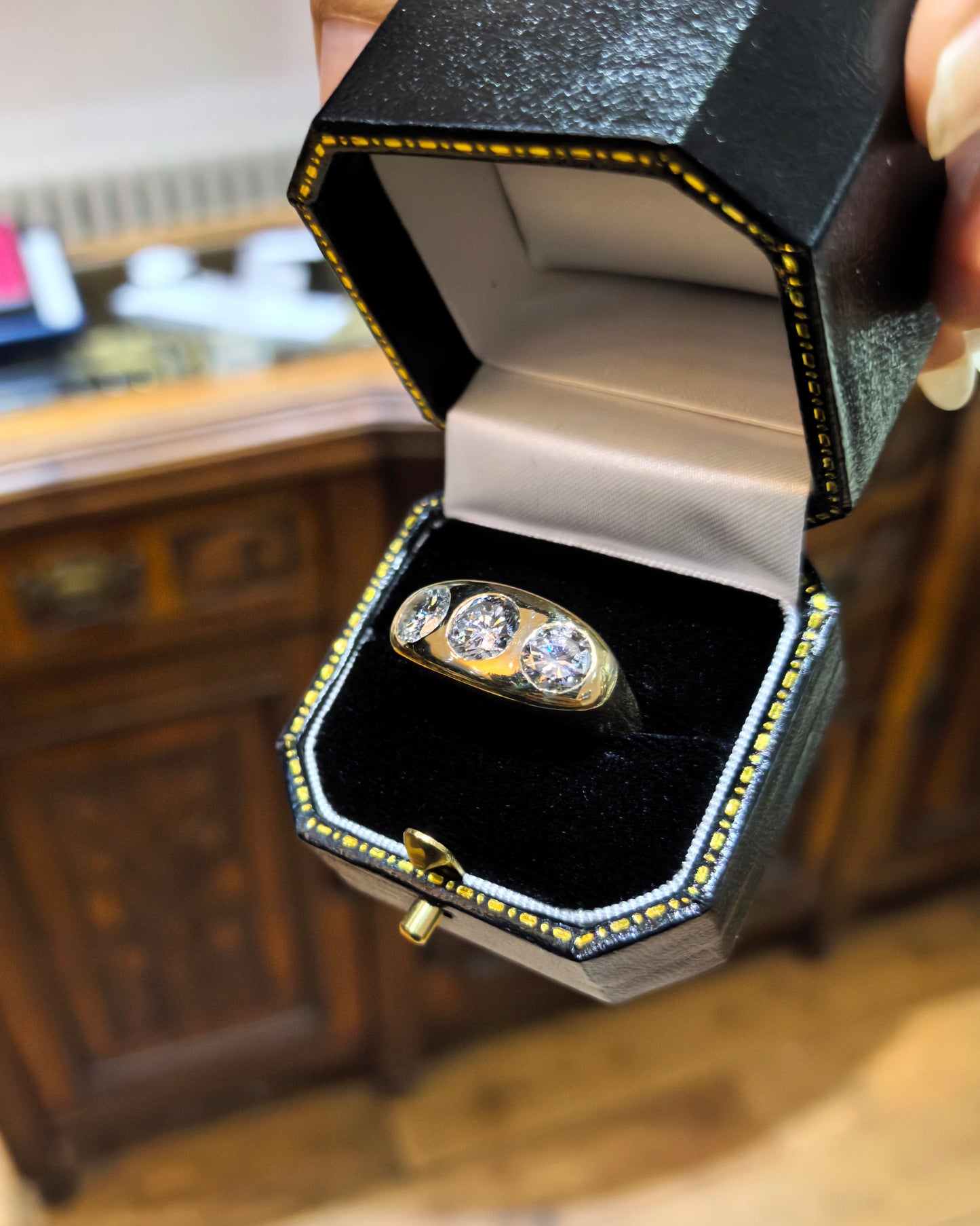 Vintage Diamond and 18 Carat Yellow Gold Three-Stone Gents Ring